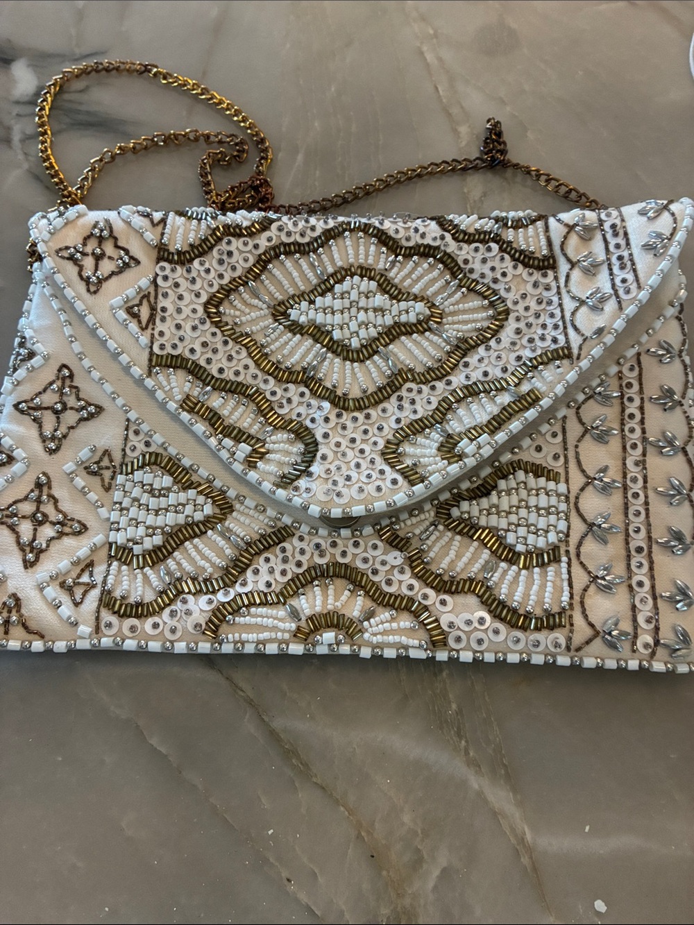 Lulus Beaded White and Gold Embellished Envelope Clutch